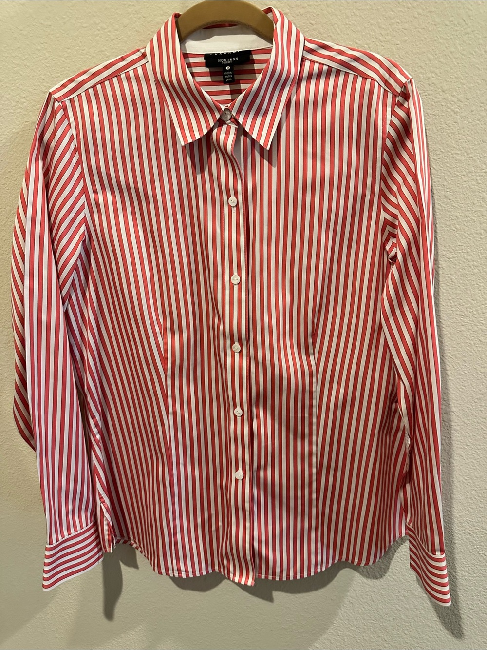 Foxcroft Red and White Vertical Stripe Button-Down Shirt